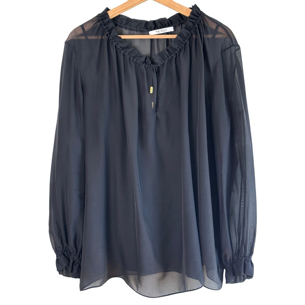 The Fold London Black Silk Blouse Ruffle Neck Blouson Quiet Luxury 12 Feminine